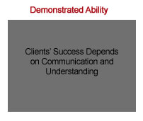 The phrase 'Demonstrated Ability' on a white background above a gray box with black text 'Clients` Success Depends on Communication and Understanding'