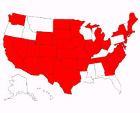 A map of the United States showing 35 of the 48 states with a red background