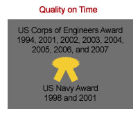 The phrase 'Quality on Time' on a white background above a gray box with the black text 'US Corps of Engineers Award 1994, 2001, 2002, 2003, 2004, 2005, 2006, and 2007' followed by a yellow ribbon and tagline reading 'US Navy Award 1998 and 2001'